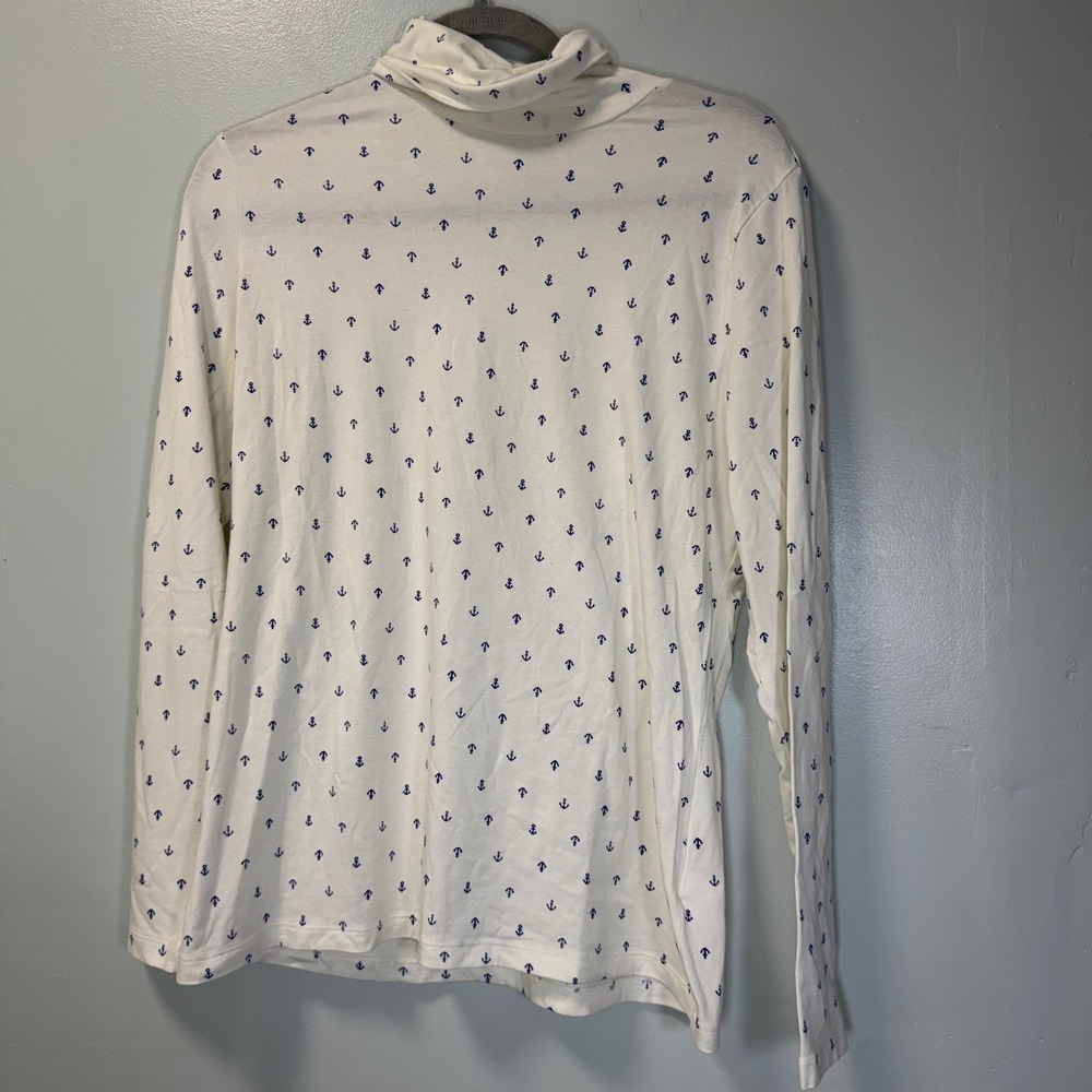 Lands End Womens Ivory Navy Anchor Print Fitted Turtleneck Top Large L 14-16